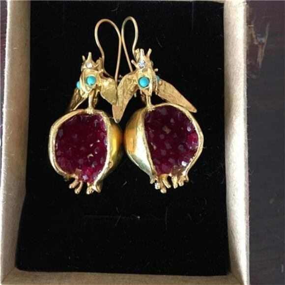 Gold Pomegranate Earrings Red Gemstone Statement Dangles - Picture 5 of 6